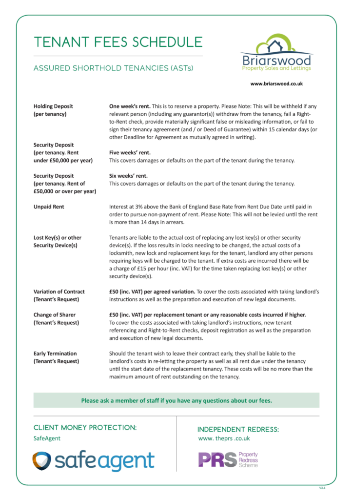 Briarswood Estate Agency Tenant Fees Schedule